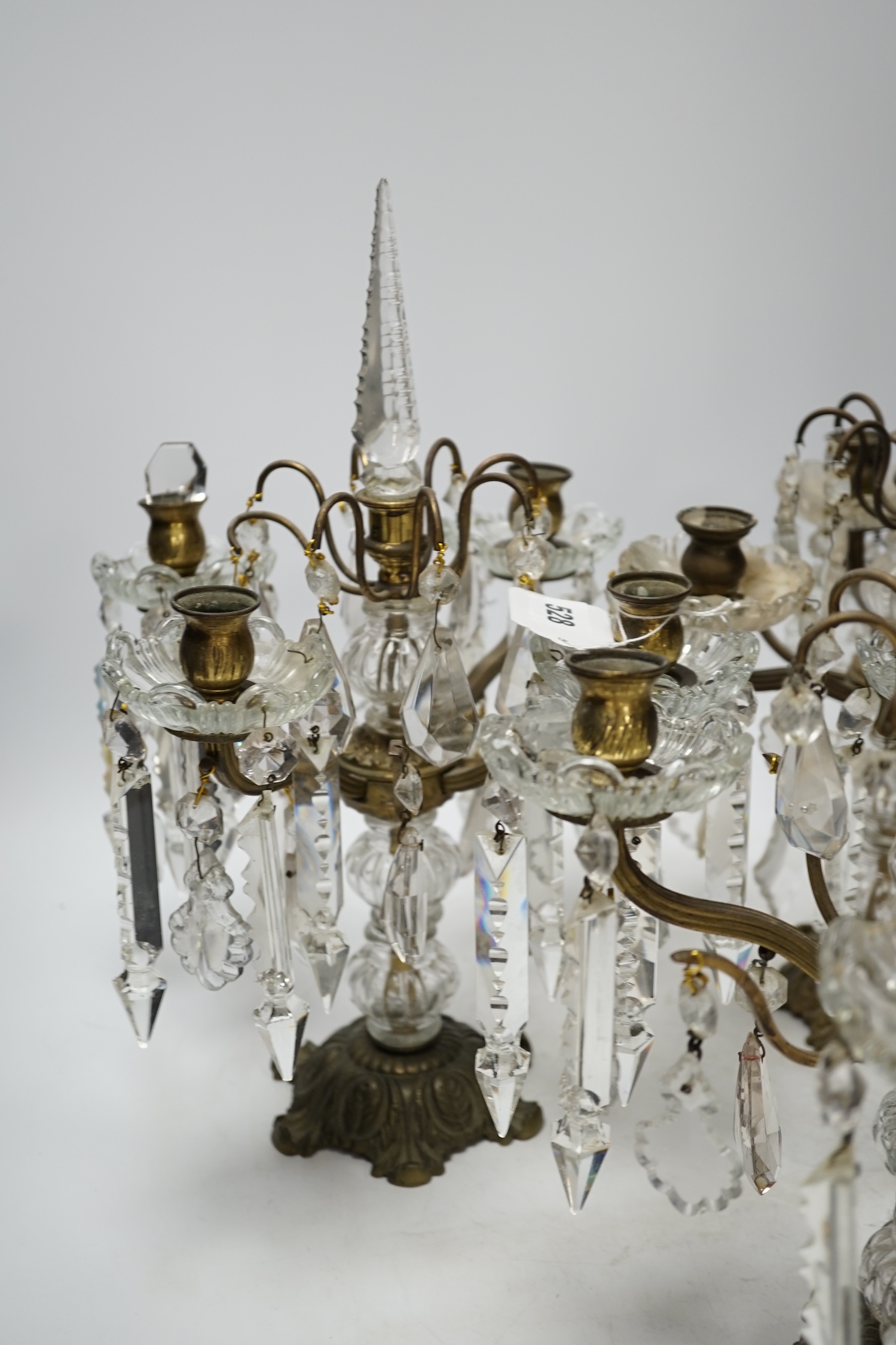 Three table lustre four branch candelabra, possibly French, 38cm high